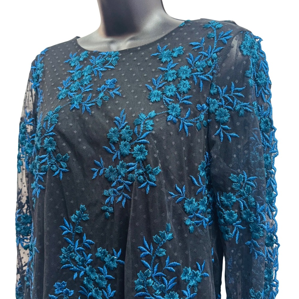 Taylor Womens Black Teal Floral Embroidered Lace Shift Dress Size 14 - Picture 2 of 8